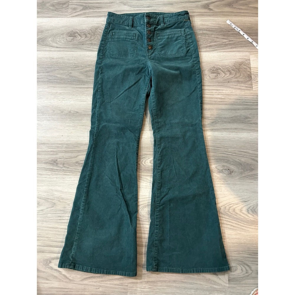 American Eagle Womens Super Hi-Rise Flare Corduroy Pants 6 Teal Green Button Fly